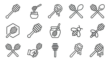 Honey dipper and bee jar outline icon set. © Fah