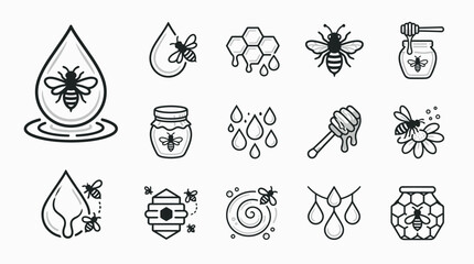 Honey nectar and bee drop linear icons. © Fah