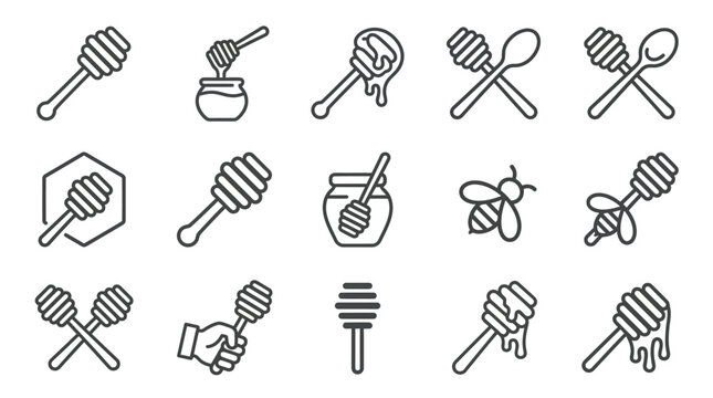 Honey dipper and bee jar outline icon set.