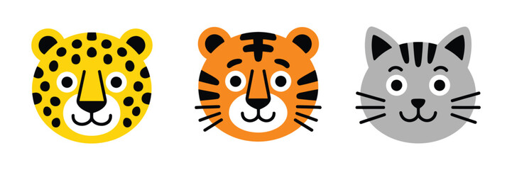 Cute wild animal face illustration featuring cartoon leopard, tiger and cat characters in colorful vector style for kids © MD MILON MIAH