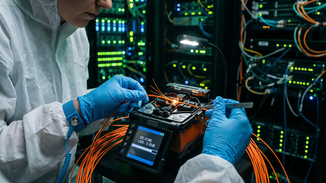 A network technician wearing a protective suit and blue gloves carefully splices orange fiber optic cables using a specialized fusion splicer inside a modern data center.
