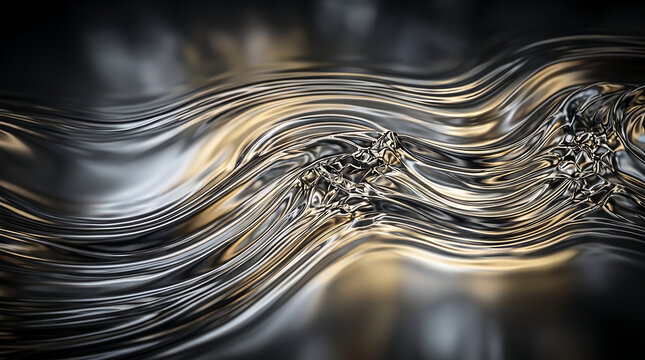 Wide metallic abstract, high-gloss flowing surface, distorted gradient reflections, sophisticated dark background, commercial 16:9 asset