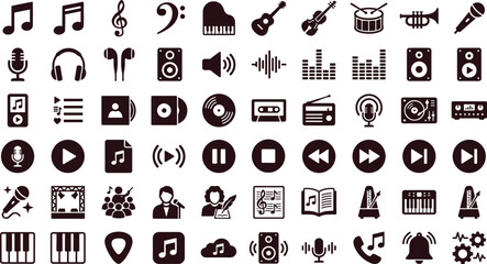 Fototapeta premium Audio media and musical instrument glyph icon set featuring sound production interface notes entertainment and studio vector elements