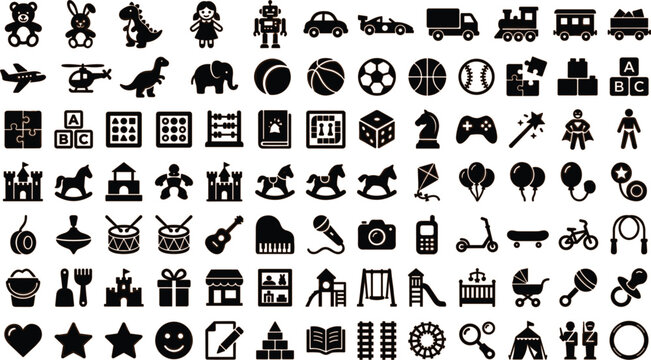 Children toys and kindergarten glyph icon set featuring childhood playground games nursery amusement entertainment and vector elements