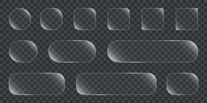 Light glass box frame with neon effect for square ux icon. 3D liquid glass buttons. Box with glassmorphism effect and reflection. Glitch abstract background glossy border ui shape design set