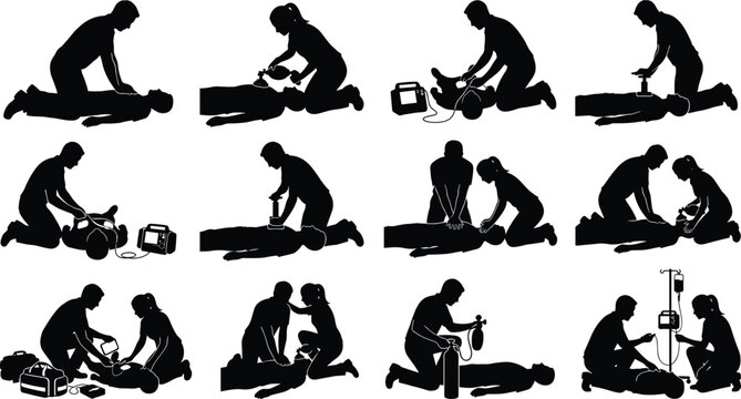 First Aid CPR and Emergency Medical Procedure Black Silhouette Vectors