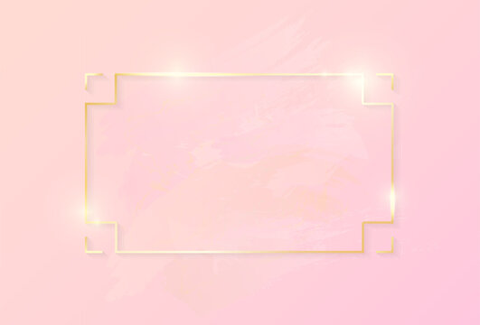 Gold shiny glowing art rectangle frame with rose pastel brush strokes isolated on pink background. Golden luxury line border for invitation, card, sale, fashion, wedding, photo etc. Christmas and New 