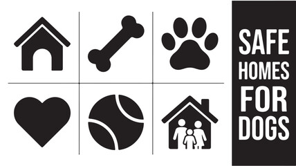 Plakat Black icons for safe homes for dogs and pets with heart and family