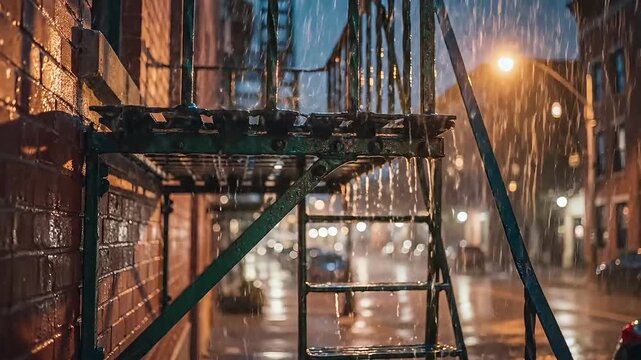 Metal fire escape stairs attached to a brick building catch the heavy rain during a dark and stormy night in the city.