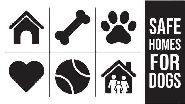 Black icons for safe homes for dogs and pets with heart and family