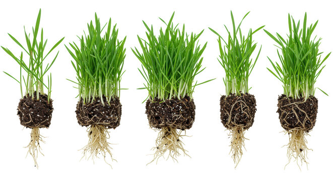 Isolated macro shot of five vibrant emerald green tufts of poa pratensis with dense white fibrous roots clinging to dark loam soil, aligned on sterile white background. Concept of scientific detail