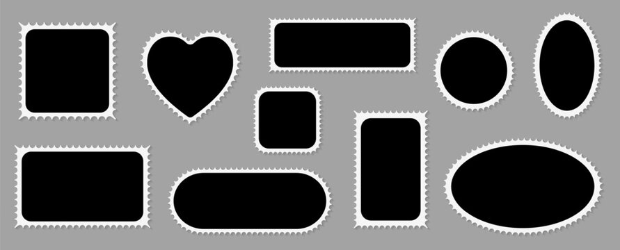 Vector set of scalloped black and white postage frames isolated. Outline border template. Simple minimalist label text box. Blank scallop edge stamp mockup.