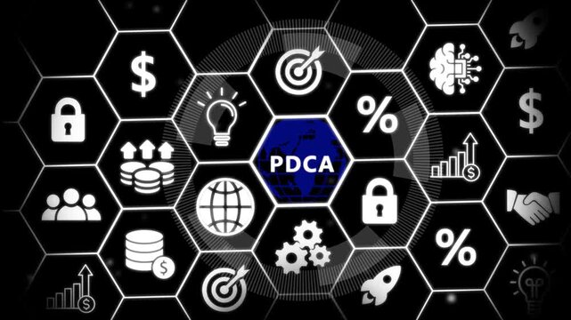 PDCA in organization and business concept with consultant presenting icons of strategy,Exchange traded fund stock market trading investment financial concept.financial icons, 4k