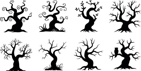 Obraz premium Set of Hand Drawn Spooky Scary Bare Tree Silhouettes for Halloween Decorations and Dark Forest Seasonal Graphic Designs