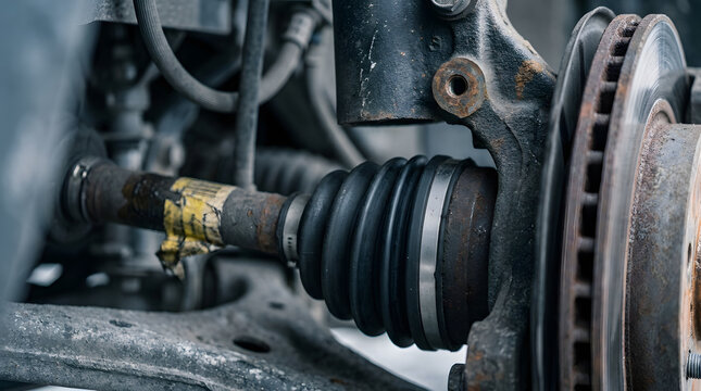 Car suspension system maintenance parts | Close up of CV joint boot and brake rotor | Automotive drivetrain and wheel assembly | Worn vehicle undercarriage components