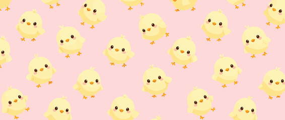 Fototapeta premium Cute Yellow Baby Chicks Pattern on Pink Background for Easter and Spring