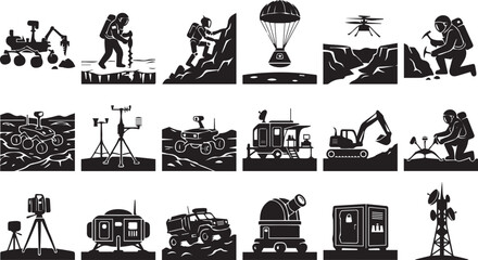 Space Mission and Planetary Exploration Silhouette Vector Collection Featuring Mars Rover, Astronaut, Lander, Observatory, Drone and Research Equipment Icons © Asik