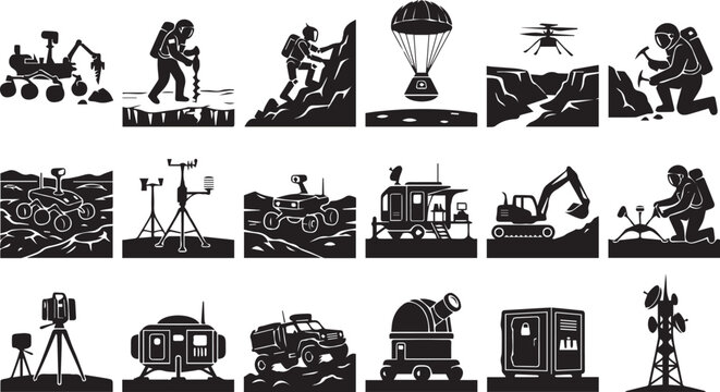 Space Mission and Planetary Exploration Silhouette Vector Collection Featuring Mars Rover, Astronaut, Lander, Observatory, Drone and Research Equipment Icons
