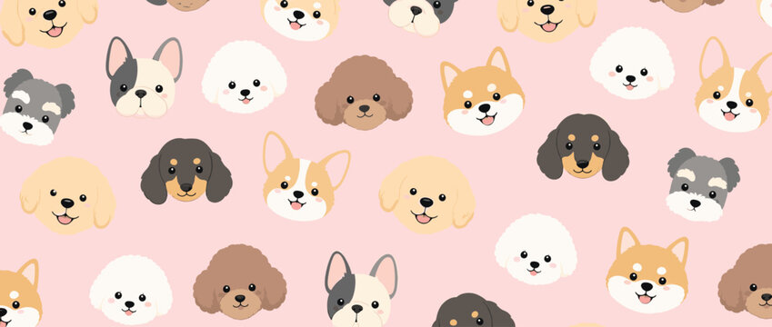 Cute Dog Faces Pattern Animal Breeds Repeated on Pink Background