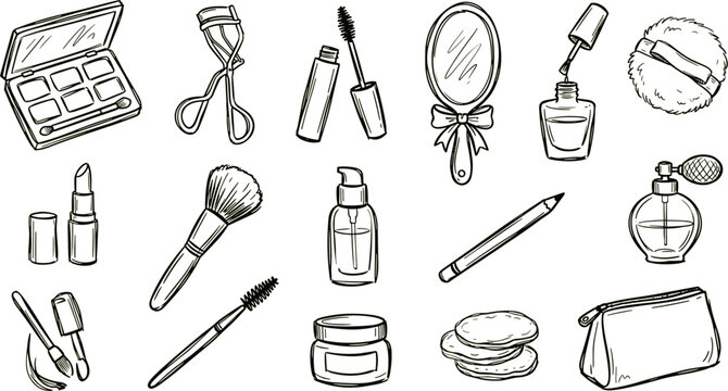Cosmetic beauty makeup line icon set featuring eyeshadow palette lipstick brush mirror perfume and skincare accessory elements
