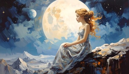 Fototapeta premium Woman Stargazing at Moon.