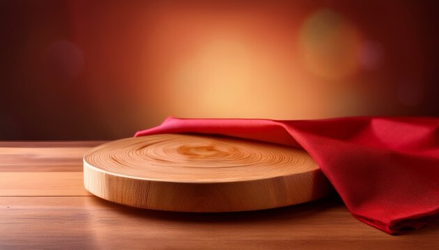 Empty Wooden Cake Stand On Warm Background With Red Napkin For Food Product Display Close Up Copy Space