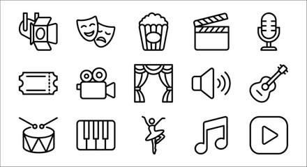 Entertainment Icons Collection Line Style On White Background cinema film movie theater drama comedy popcorn © Vactor media 