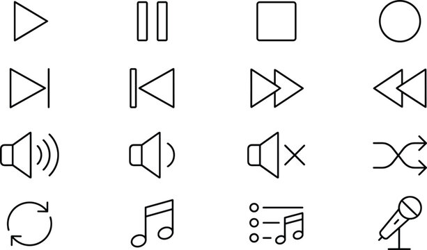 Media player controls line icon set featuring play pause volume mute shuffle playlist music button interface elements