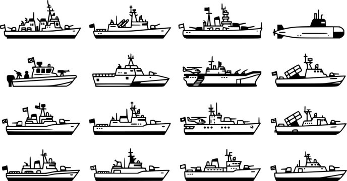 Military ships. Battle combat boats, missile ship, security boats, modern warships and submarine, army weapon battleships vector icons set. Military boat and ship, force vessel illustration