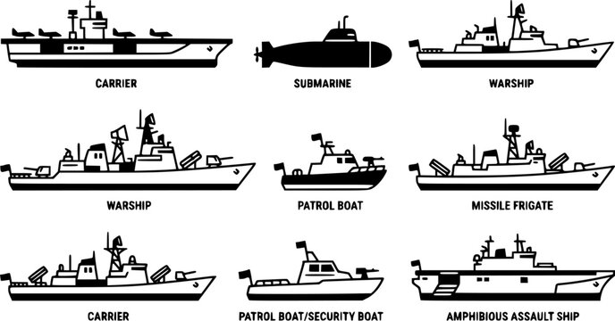 Military ships. Battle combat boats, missile ship, security boats, modern warships and submarine, army weapon battleships vector icons set. Military boat and ship, force vessel illustration