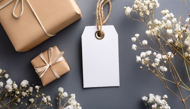 White Gift Tag Or Greeting Label Mockup Flat Lay With Gift Box And Dry Gypsophila Flowers