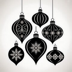 Obraz premium Five elegant black and white christmas ornaments hanging isolated on white background