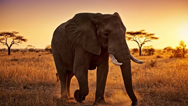Majestic African Elephant Walks Through Savanna at Sunset