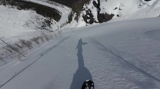 POV Backcountry Powder Snowboarding Through Sparse Alpine Trees In Canadian Rocky Mountains Slow Motion