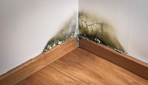 toxic mold growing on damp wall corner with wooden floor damage