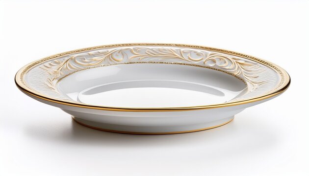 white ornate ceramic serving plate with a scalloped edge and golden trim isolated on white background