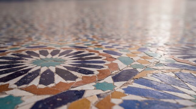 Traditional Moroccan zellige mosaic tile floor from low angle