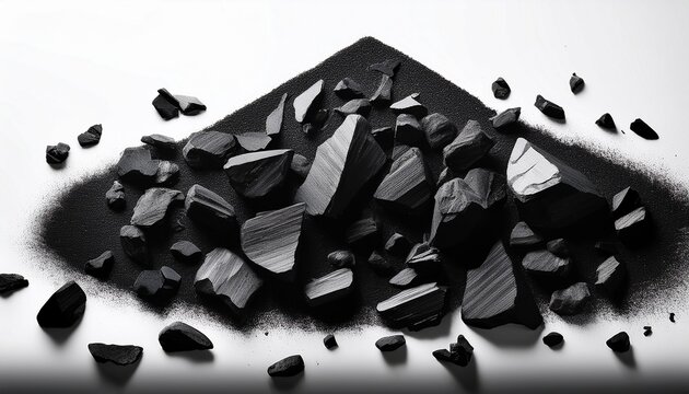 Black Charcoal Fragments Stark White Backdrop Rustic Contrast