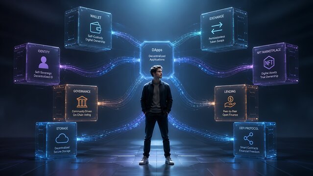 Conceptual illustration of decentralized applications and blockchain technology ecosystem