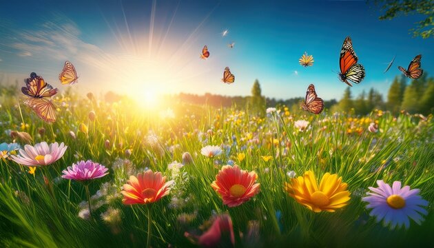 A Vibrant Meadow On The First Day Of Spring With Colorful Wildflowers Blooming Butterflies Fluttering And The Sun Shining Brightly Over The Fresh Green Grass