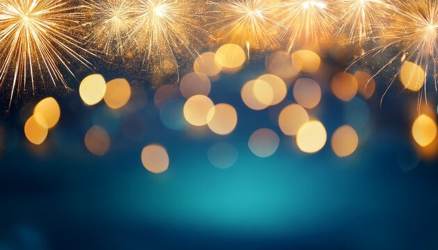 Bright Holiday Bokeh With Hot Yellow Lights Blurred On Teal Blue Background