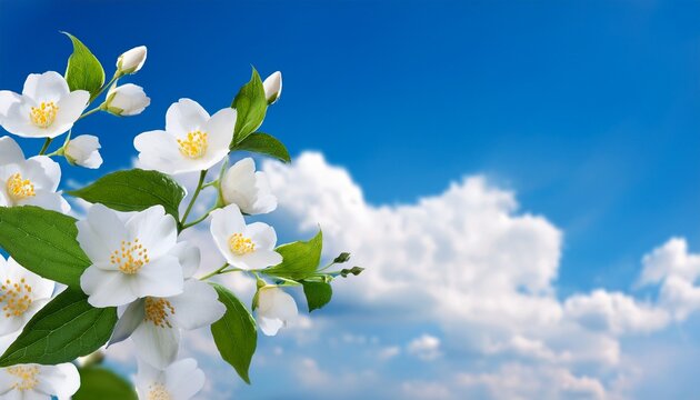Branch Of Blossoming Jasmine Against The Blue Sky With Clouds