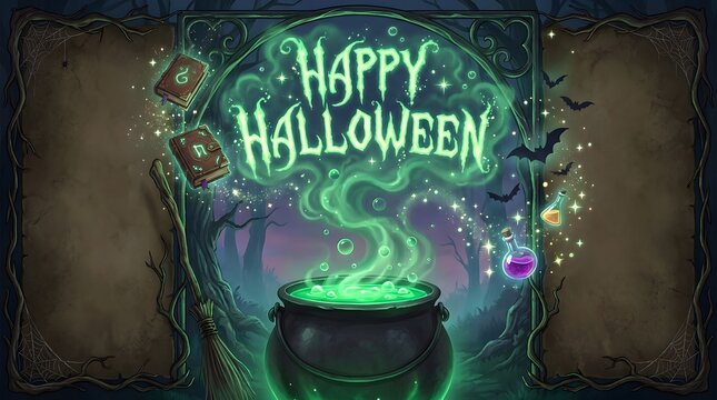 Halloween cauldron bubbling with magic spells during a spooky night with bats and potions