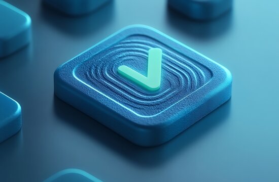 Blue 3 d button with checkmark, glowing light, square shape, rounded corners 3d button
