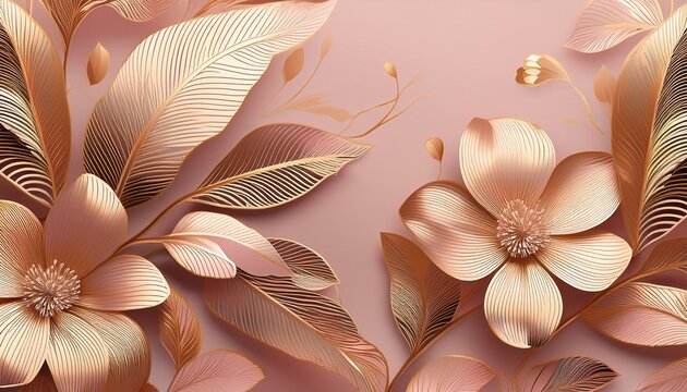 Golden Metallic Foiled Contour Flowers And Leaves On Powder Pink Background Luxurious Art Deco Wallpaper Design For Print Poster Cover Banner Invitation Package Beauty Products