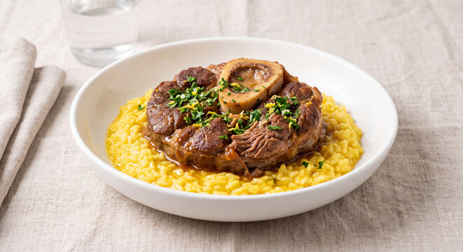 Ossobuco alla Milanese Braised Veal Shank with Vegetables over Creamy Saffron Risotto