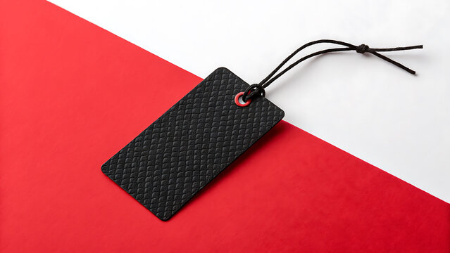 Black rectangular price tag with string on red and white surface