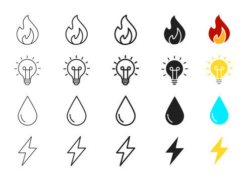 natural element energy icon set. natural element energy icon set with fire light bulb water drop and lightning bolt for ecology resource icons