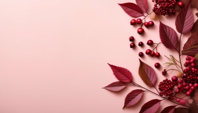 Burgundy Foliage And Berries On Light Pink Background Copy Space