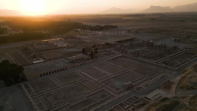 Epic drone view of Persian Empire ruins during golden hour